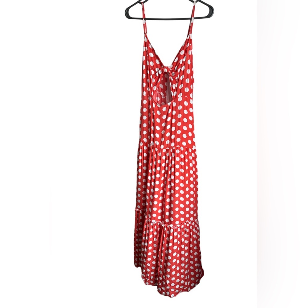 SHEIN Polka Dot Spaghetti Strap Open Front Knot Maxi Ruffle Dress Sz